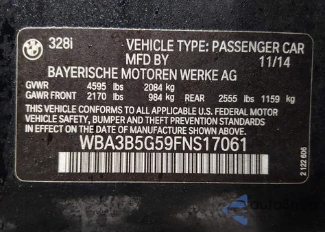 2015 BMW 328I xDrive from USA, damaged, VIN WBA3B5G59FNS17061